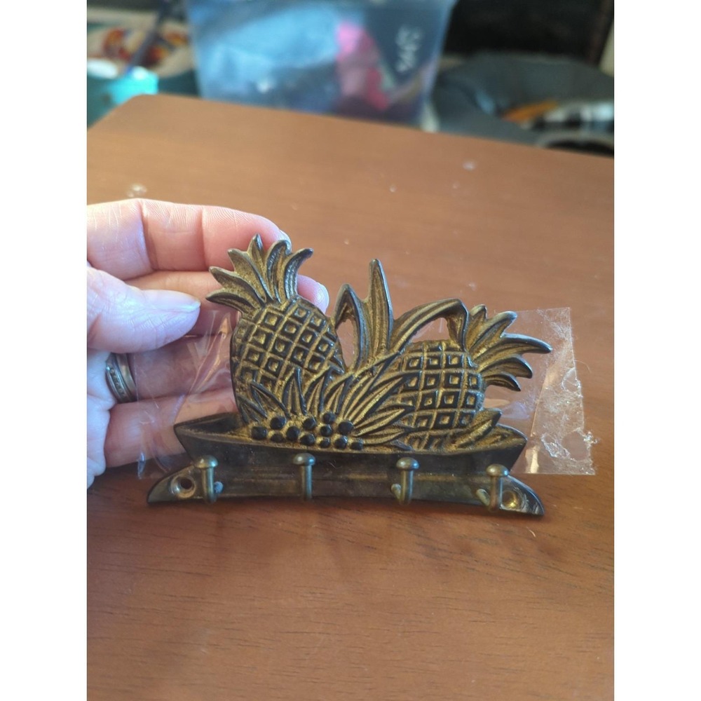Vintage Solid Brass Pineapple Fruit Key Holder Hooks Wall Mount Patina